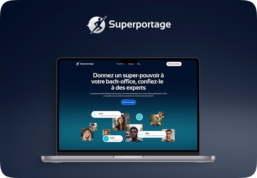 Superportage homepage on a laptop, HR platform for French portage salarial companies, built by PageSupply