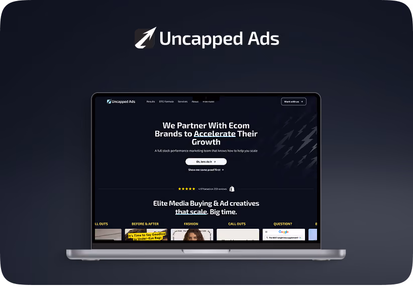 Uncapped Ads homepage on a laptop — ecommerce growth agency site built by PageSupply