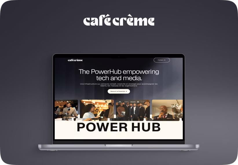 Café Crème homepage on a laptop — PowerHub platform for tech and media, built by PageSupply